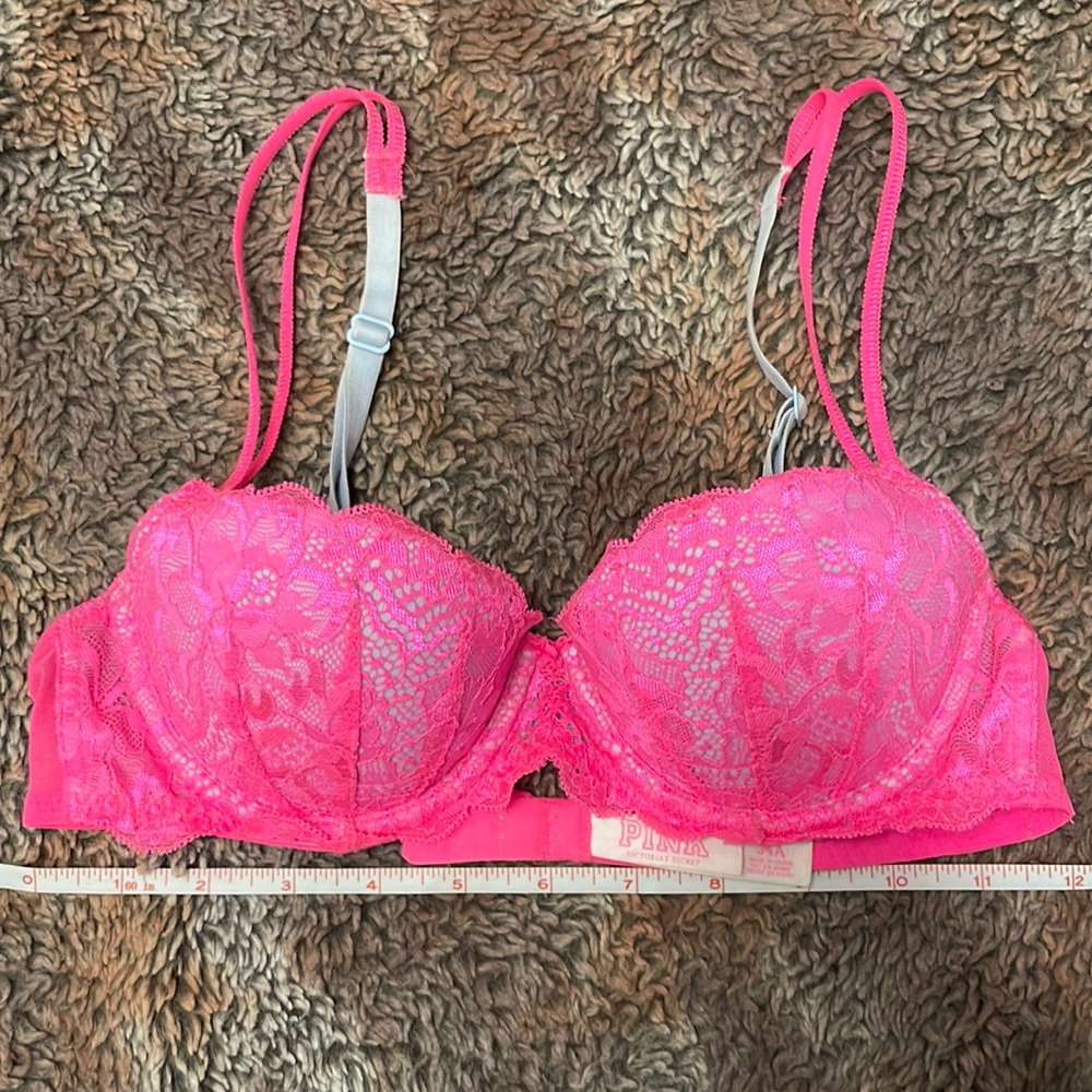 Victoria’s Secret 💘 Pink Push-Up Demi Pink Lace Balconet Bra 34A Gently Worn